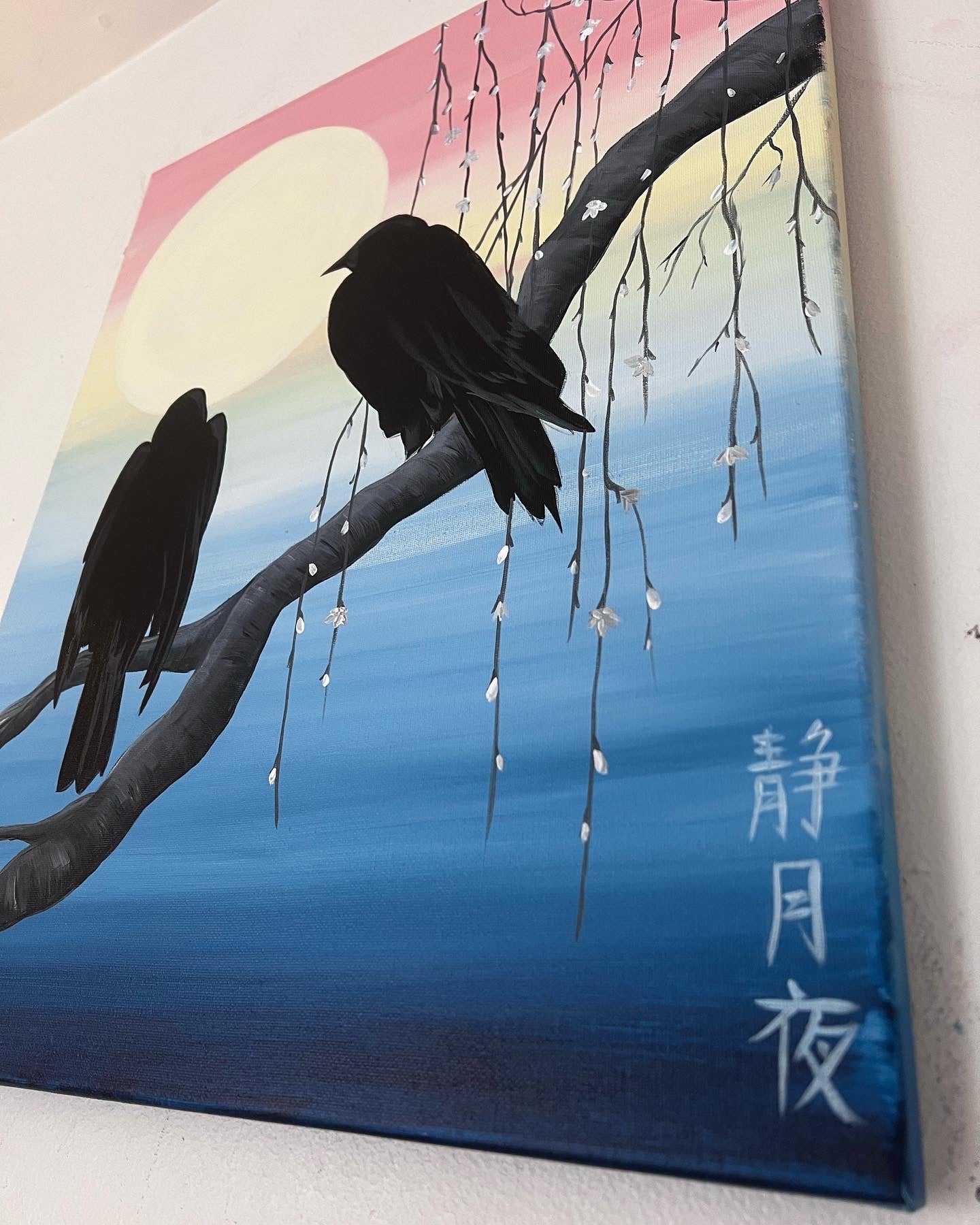 Japanese crows black birds painting side view