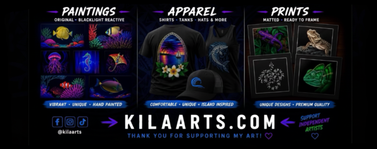A promotional graphic for Kila Arts showing three example product categories: paintings, apparel, and prints, with sample artwork and text such as 'KILAARTS.COM' and social handles on a dark background.