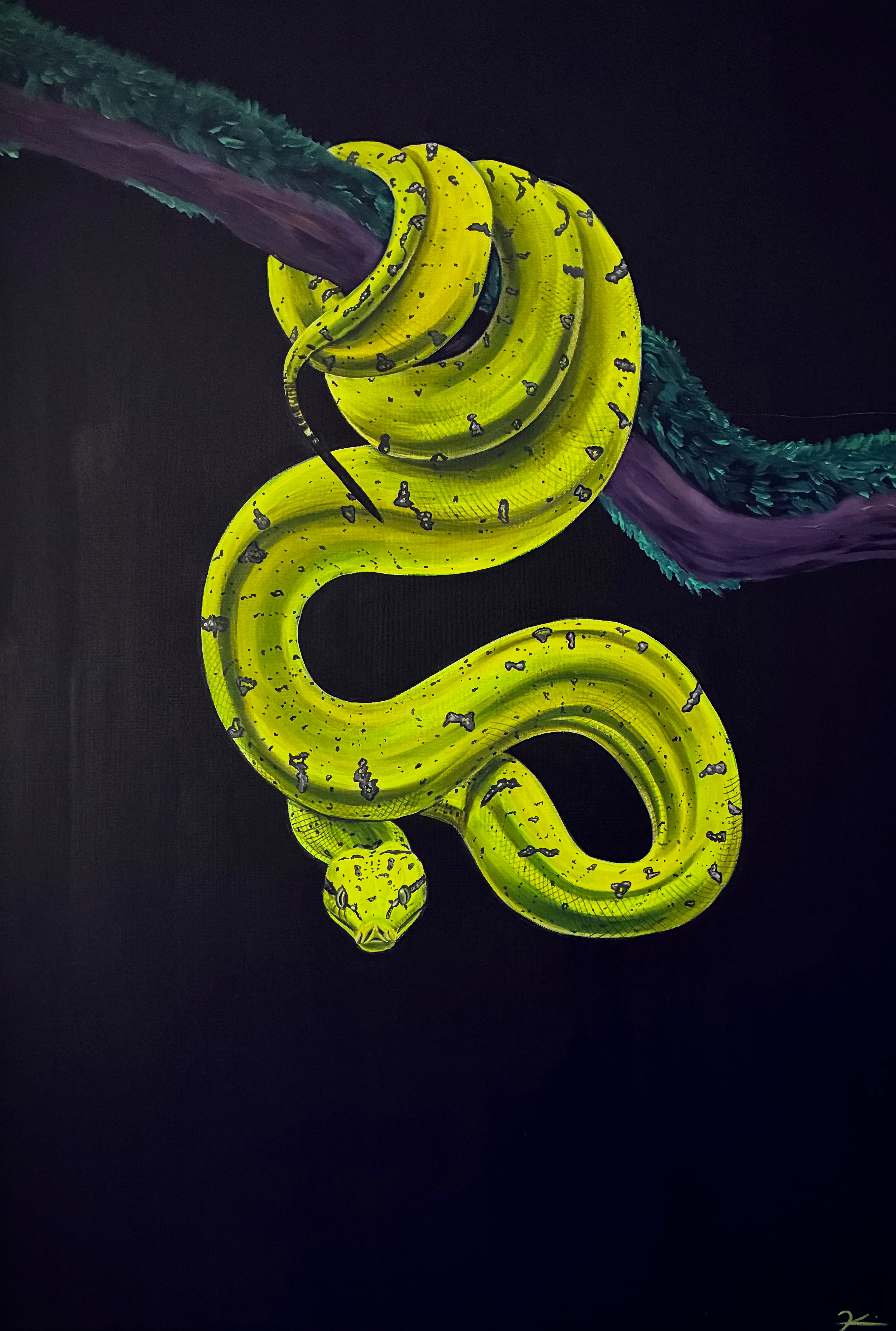 Green tree snake original black light painting