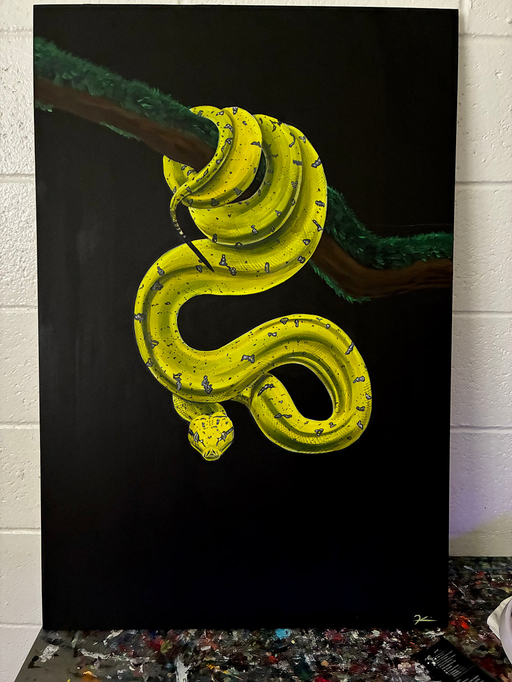 Green tree snake original black light painting