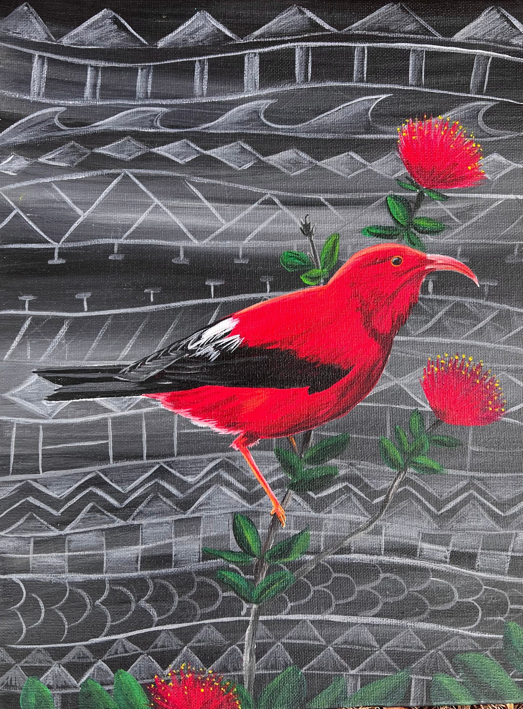 I’iwi bird tribal Hawaiian art painting 