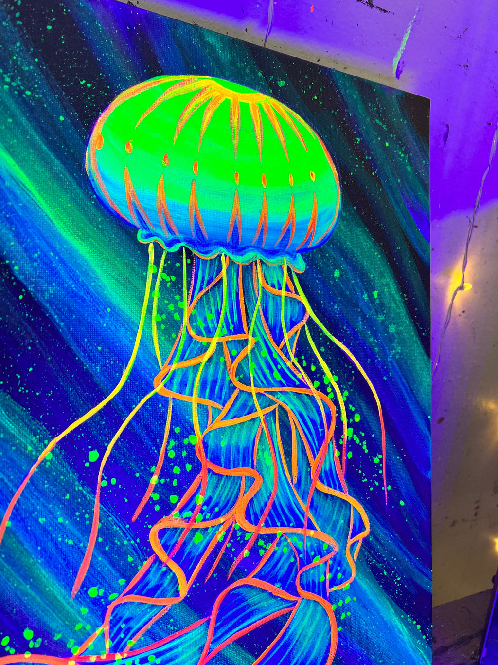 Blacklight jellyfish side up close view
