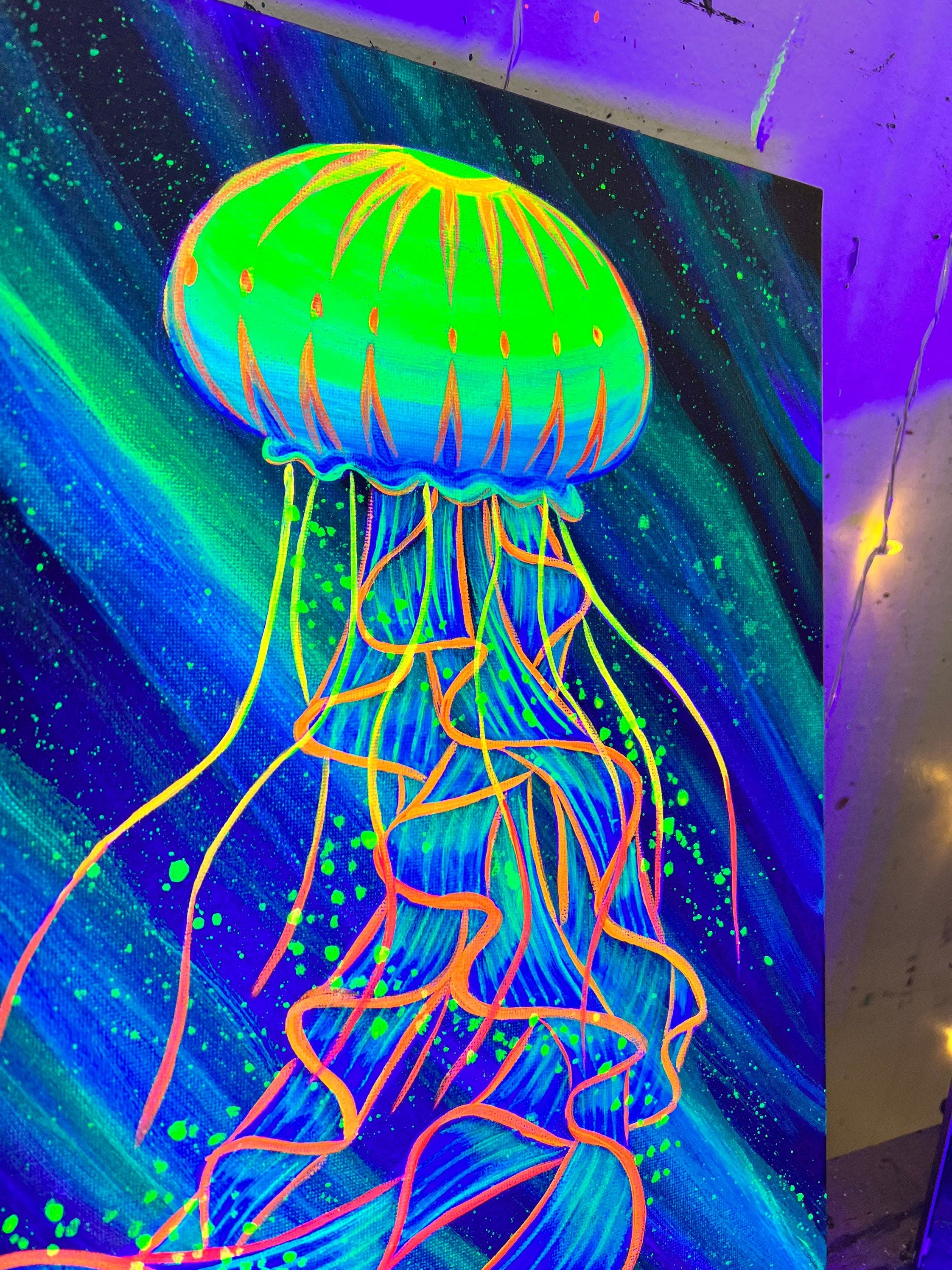 Blacklight jellyfish side up close view
